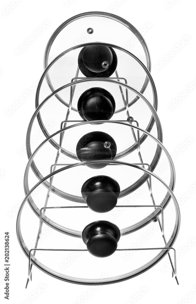 Kitchen hanger with glass lids for cooking pots. Hanger suitable for hanging on cupboards, kitchen rails. Kitchen hanger with glass lids for cooking pots. Hanger suitable for hanging on cupboards, kitchen rails.