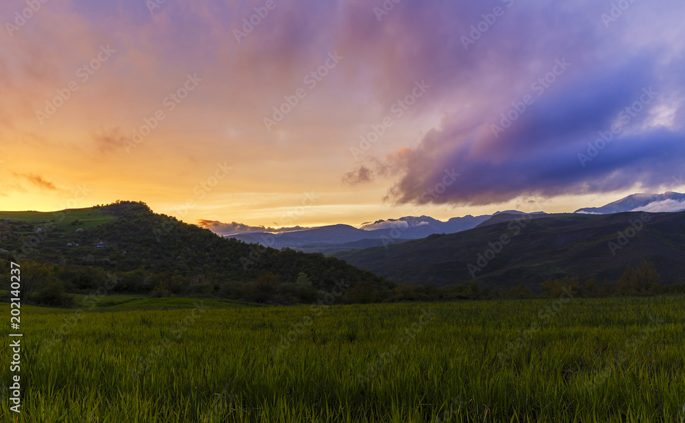 Spring sunset in the mountains