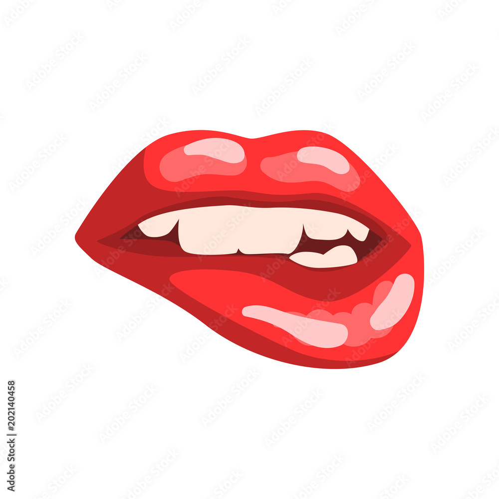 Red female mouth with white teeth biting glossy lips vector Illustration on a white background