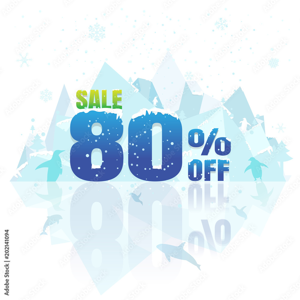 sale winter. banner and label. Price reduction. discount 80%. billboards. on white background. vector. illustration. iceberg. snow. snow flake.  Penguin. Dolphin. Killer whale