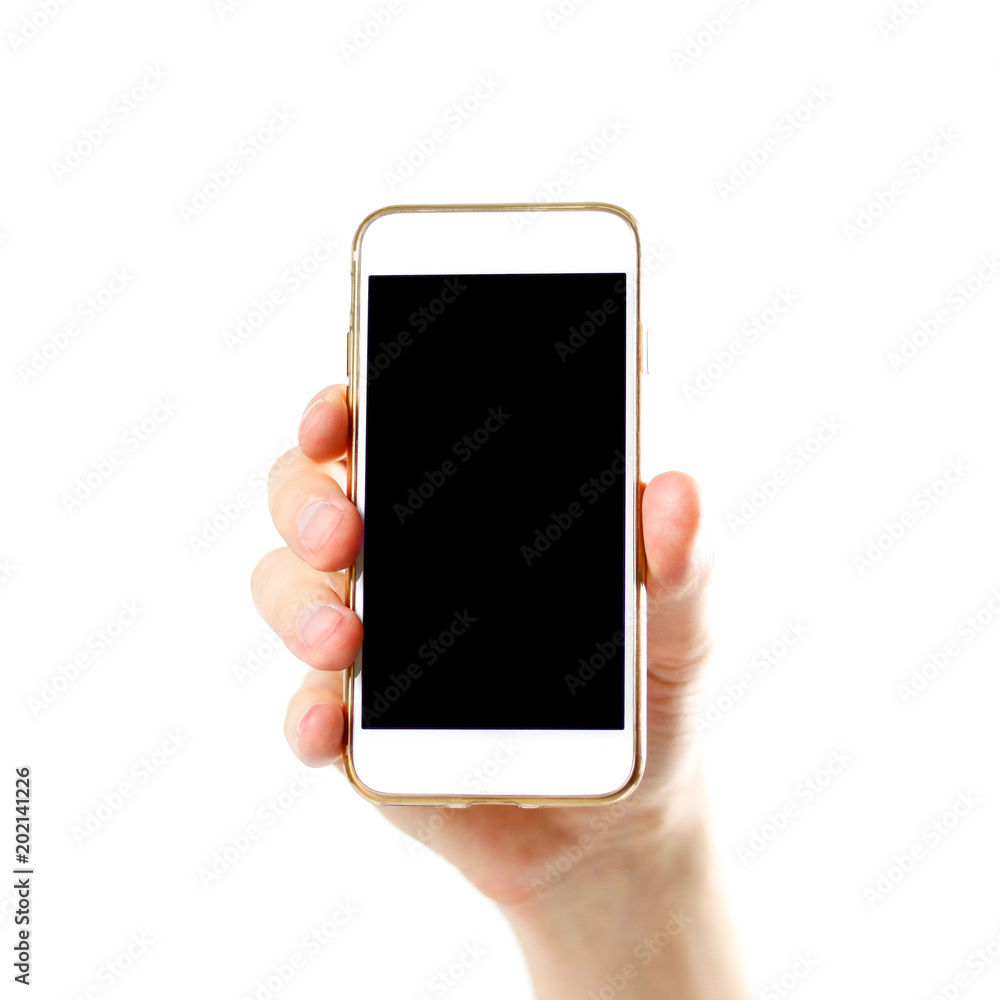 Hand holding white phone with blank black screen. Close up. Isolated on white background