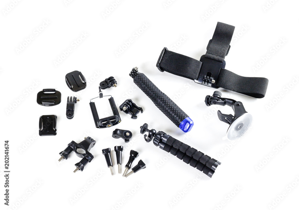 Action camera accessories. Close up. Isolated on white background Action camera accessories. Close up. Isolated on white background