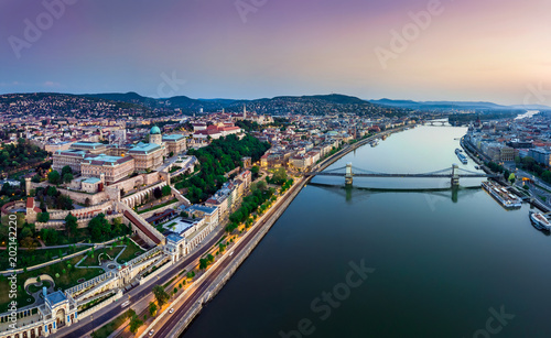 Budapest, Hungary - Panoramic aerial view of Budapest. This view includes Buda Castle Royal Palace, Matthias Churcs, Fisherman's Bastion and Szechenyi Chain Bridge at sunset with colorful sky