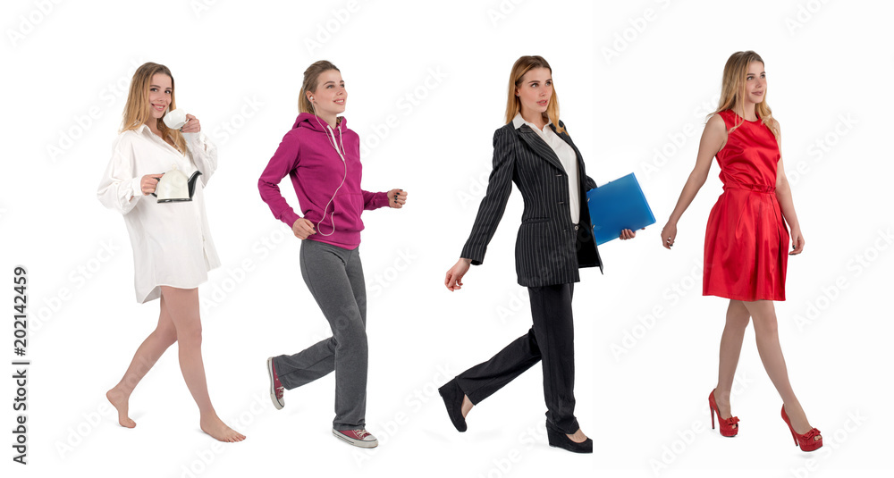 Fototapeta premium Lifestyle of the young attractive woman. In the morning she going with teapot and cup of tea, then morning jog, then work at office and in the evening at a party.