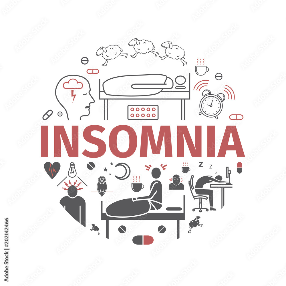 Insomnia, Symptoms. Flat icons set. Signs for web graphics.