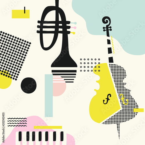 Music colorful background with violoncello, trumpet and piano isolated vector illustration. Geometric music festival poster, creative music instruments design