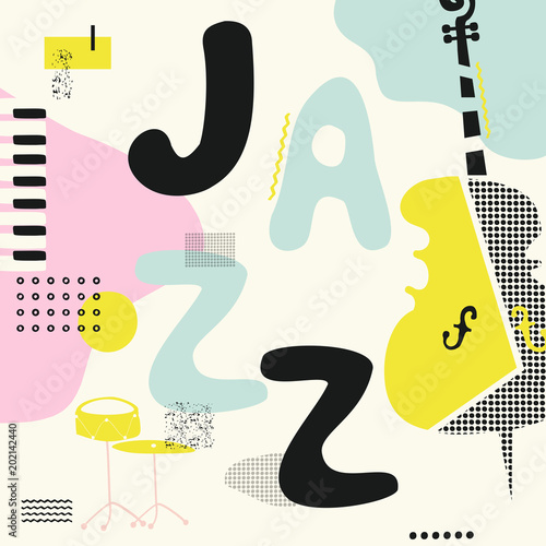 Jazz music typographic colorful background with violoncello, drum and piano keys vector illustration. Geometric music festival poster, creative jazz banner design. Word jazz