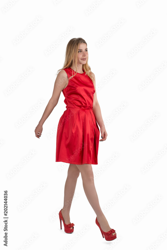 The young attractive woman in an evening dress goes on a party, isolated