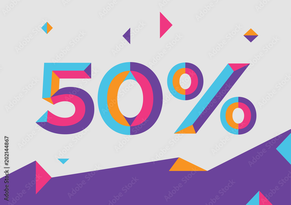 50% percent off, sale background, colorfull polygonal triangle object. Eps10 Vector.