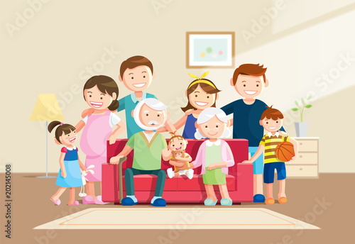 Warm big family portrait with blurred background. Grandfather, grandmother and baby sitting on the sofa at home. Vector illustration in a flat style.