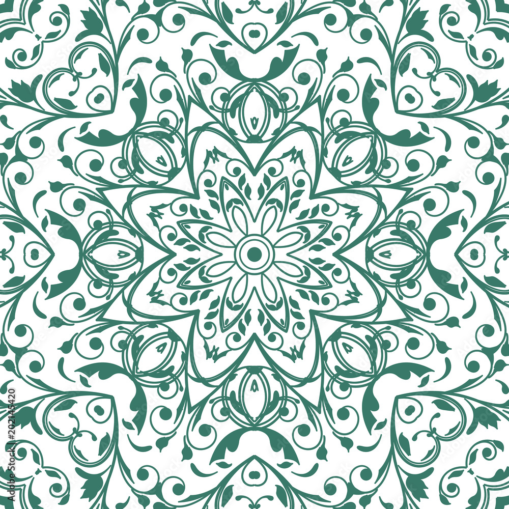 Seamless floral pattern motif coloring a mandala drawn with a pen. green, turquoise, yellow-green and white. fabric, motifs. Vector, abstract mandala flower. Decorative elements for design. EPS 10. 
