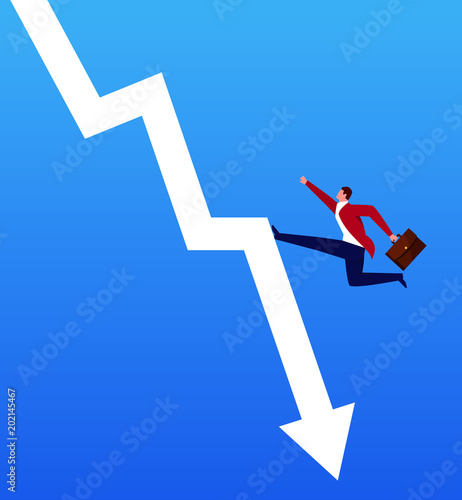 Businessman runs up along the falling arrow