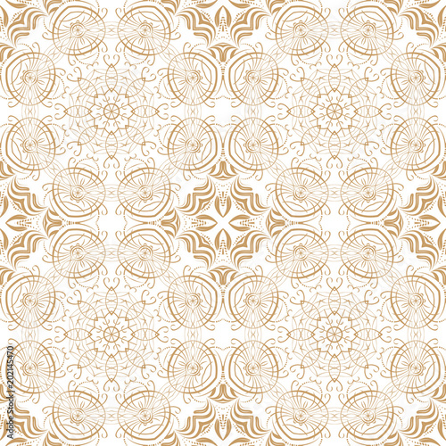 Seamless floral pattern motif coloring a mandala drawn with a pen. gold, yellow and white. Ethnic, fabric, motifs. Vector, abstract mandala flower. Decorative elements for design. EPS 10.