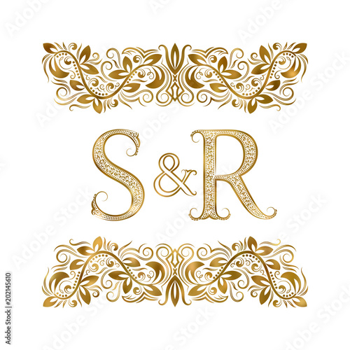 S and R vintage initials logo symbol. The letters are surrounded by ornamental elements. Wedding or business partners monogram in royal style.