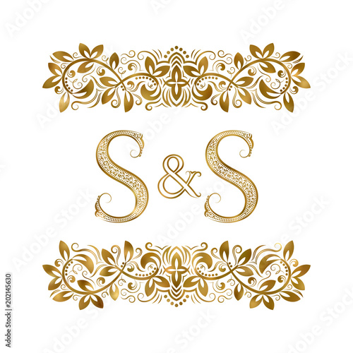 S and S vintage initials logo symbol. The letters are surrounded by ornamental elements. Wedding or business partners monogram in royal style.