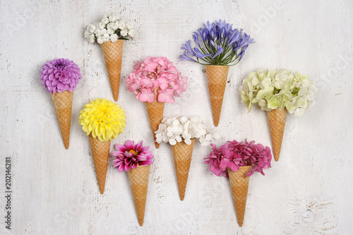 Fototapeta Naklejka Na Ścianę i Meble -  ice cream cones with beautiful flowers