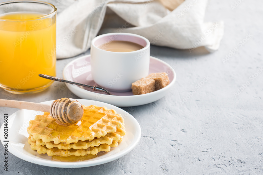 Healthy Breakfast coffee juice Cookies honey on grey concrete background Healthy Breakfast coffee juice Cookies honey on grey concrete background