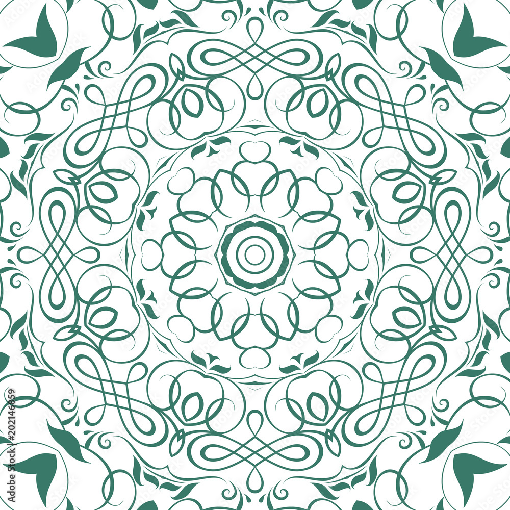 Seamless floral motif pattern coloring mandala, lace, hand drawn. green, marsh and white. Ethnic, fabric, motifs. Vector, abstract mandala flower. Decorative elements for design. EPS 10.