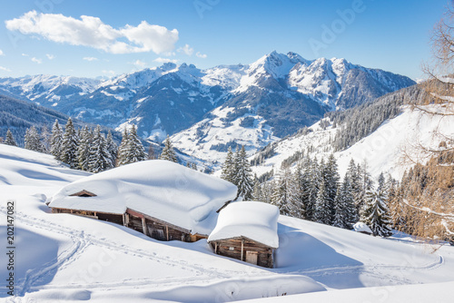 Beautiful winter mountain landscape with snowcapped wooden hut © mRGB