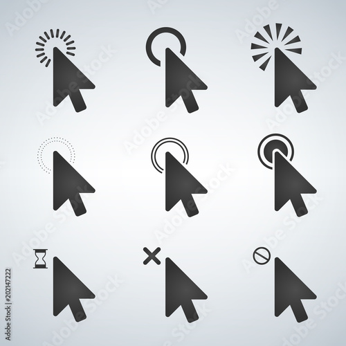 Black Computer mouse click cursor arrow icons set. Vector illustration isolated on modern background.
