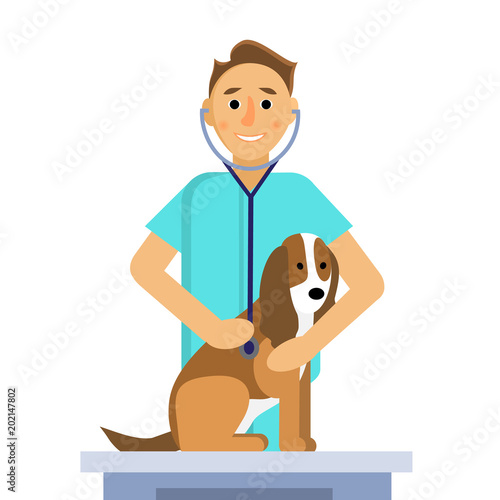 illustration of male veterinarian doing an examination of cute dog on medical table