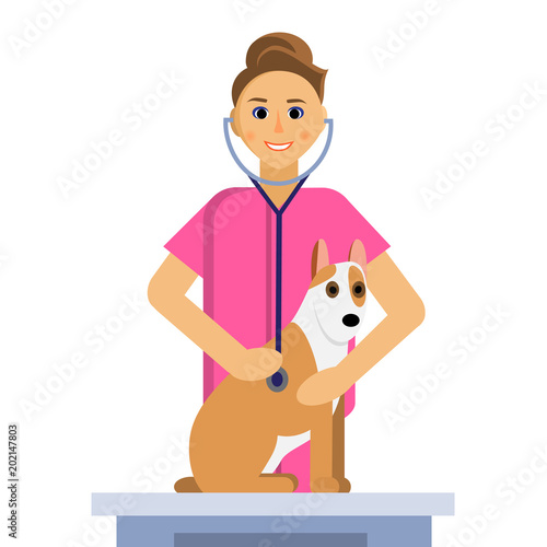 illustration of female veterinarian doing an examination of cute dog on medical table