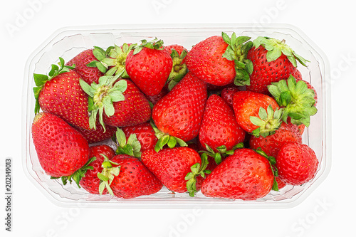 Photos Large ripe strawberries from shop, in opened plastic box