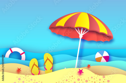 Red Yellow parasol - umbrella in paper cut style. Origami sea and beach with lifebuoy. Sport ball game. Flipflops shoes. Vacation and travel concept.