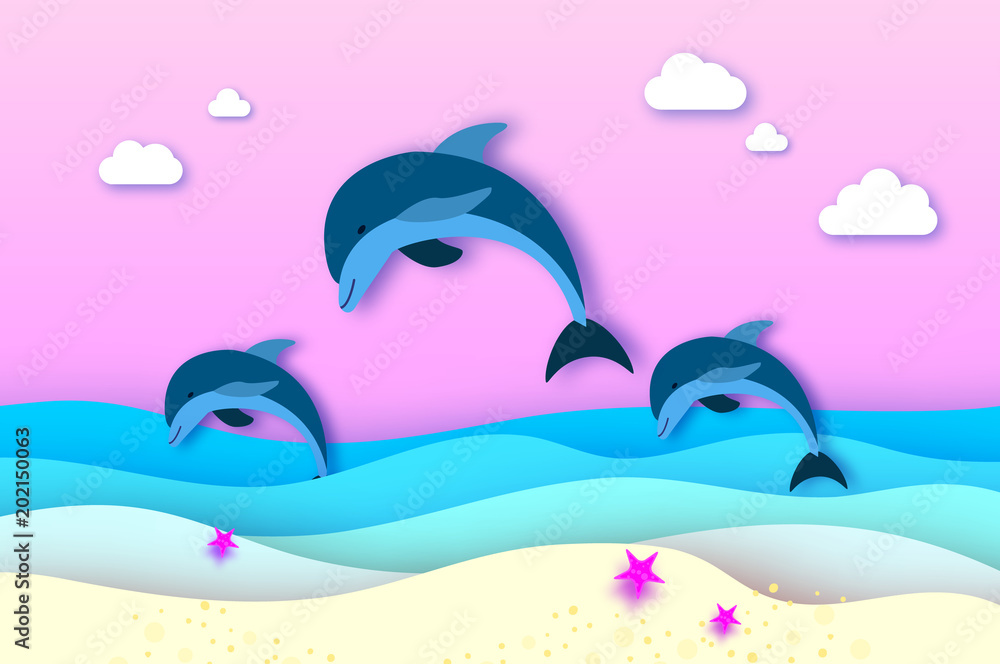 Three Jumping dolphins in the sea in paper cut style. Origami layered  beautiful seascape and sky. Hawaii Pacific Ocean wildlife scenery. Marine  animals in natural habitat. Stock Vector
