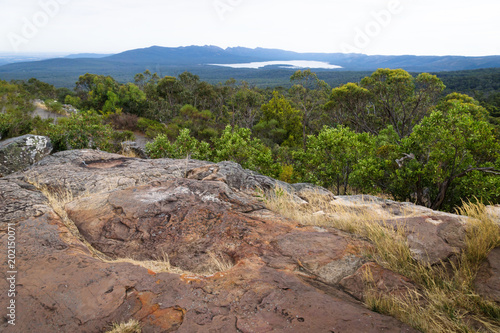 View into the valley and to a lake at Reeds Lookout, Grampians, Victoria, Australia