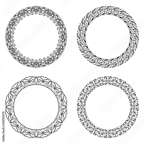 Filigree round frame, calligraphic circle lace patterns in monochrome design. Embroidery template. Delicate fine geometric patterns.