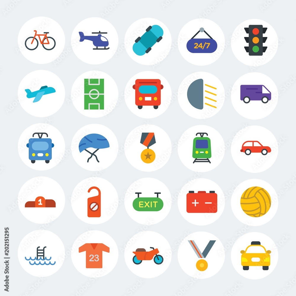 Modern Simple Set of transports, hotel, sports Vector flat Icons. Contains such Icons as  wheel,  cab,  skate,  competition,  medal and more on white cricle background. Fully Editable. Pixel Perfect.