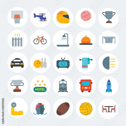 Modern Simple Set of transports, hotel, sports Vector flat Icons. Contains such Icons as  fitness,  sea,  black, shuttle, copter and more on white cricle background. Fully Editable. Pixel Perfect.