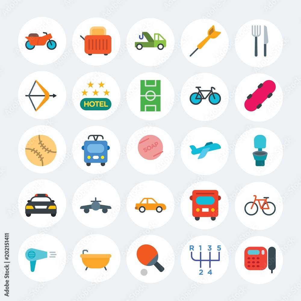 Modern Simple Set of transports, hotel, sports Vector flat Icons. Contains such Icons as  repair,  spa,  water,  transportation, bus and more on white cricle background. Fully Editable. Pixel Perfect.