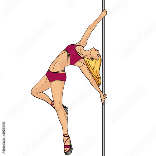 Girl is dancing on pole object on white background retro vector. Comic book style imitation text bubble