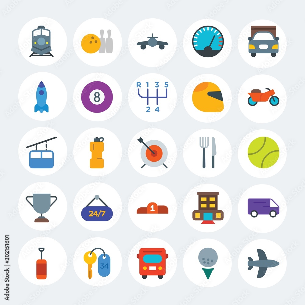 Fototapeta premium Modern Simple Set of transports, hotel, sports Vector flat Icons. Contains such Icons as delivery, ball, car, water, ring, auto and more on white cricle background. Fully Editable. Pixel Perfect.