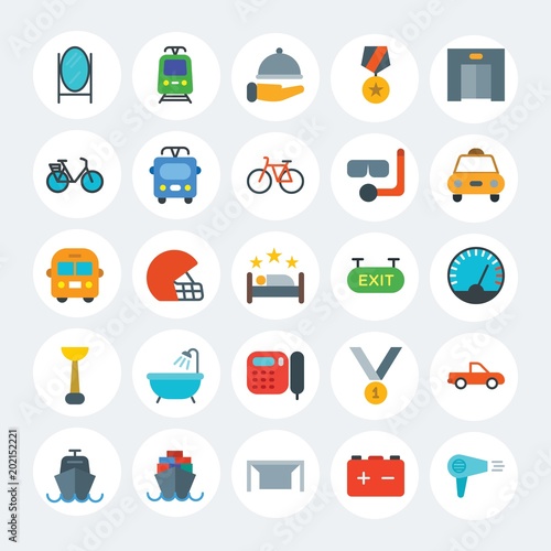 Modern Simple Set of transports, hotel, sports Vector flat Icons. Contains such Icons as  transport,  blow,  victory,  game,  sport and more on white cricle background. Fully Editable. Pixel Perfect.