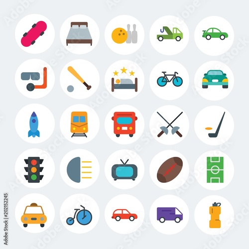 Modern Simple Set of transports, hotel, sports Vector flat Icons. Contains such Icons as bed, black, night, stadium, design and more on white cricle background. Fully Editable. Pixel Perfect.