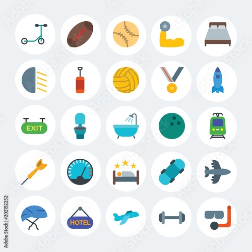 Modern Simple Set of transports, hotel, sports Vector flat Icons. Contains such Icons as  plane,  snorkel,  bike,  transportation and more on white cricle background. Fully Editable. Pixel Perfect.