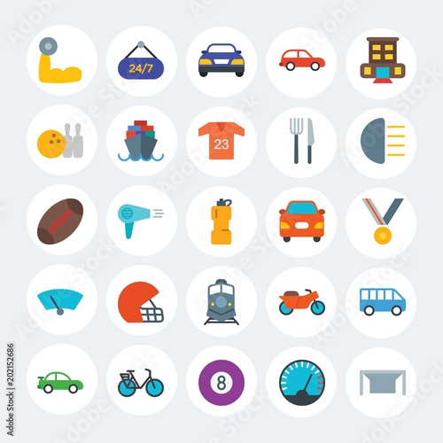 Modern Simple Set of transports, hotel, sports Vector flat Icons. Contains such Icons as minibus,  motorcycle,  transport,  pool and more on white cricle background. Fully Editable. Pixel Perfect.