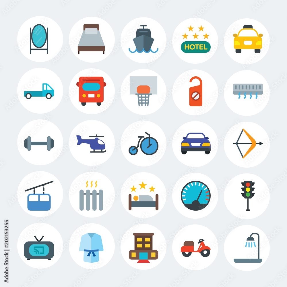 Modern Simple Set of transports, hotel, sports Vector flat Icons. Contains such Icons as  speed,  sea,  bedroom,  water,  motorcycle and more on white cricle background. Fully Editable. Pixel Perfect.