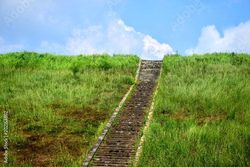 Stairs up the hill on the ridge of the reservoir