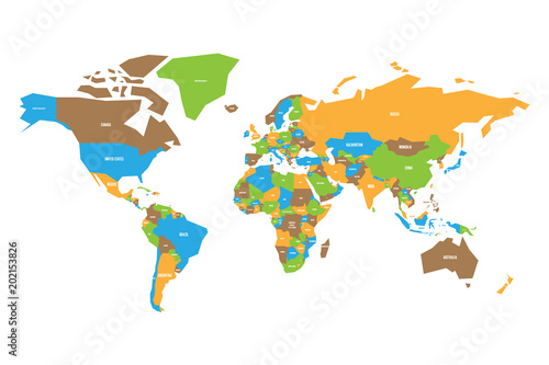 Colorful map of World. Simplified vector map with country name labels.