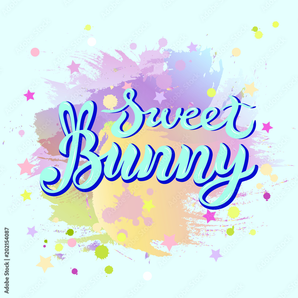 Obraz premium Sweet Bunny text isolated on pastel color background. Handwritten lettering Bunny as logo for baby shop, baby shower. Template for First Birthday, party invitation, greeting card, t-shirt design.