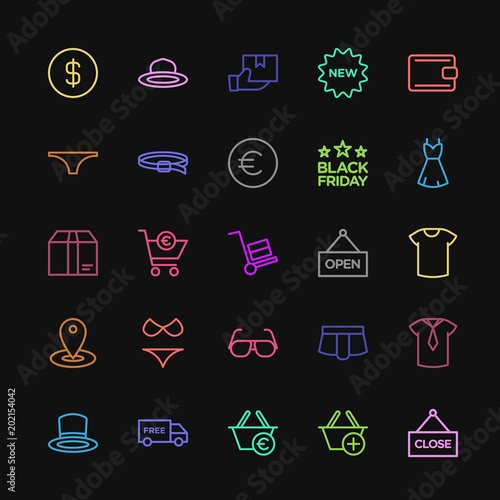 Fototapeta Naklejka Na Ścianę i Meble -  Modern Simple Colorful Set of clothes, shopping Vector outline Icons. Contains such Icons as circle,  template,  holiday, dollar, new,  post and more on dark background. Fully Editable. Pixel Perfect