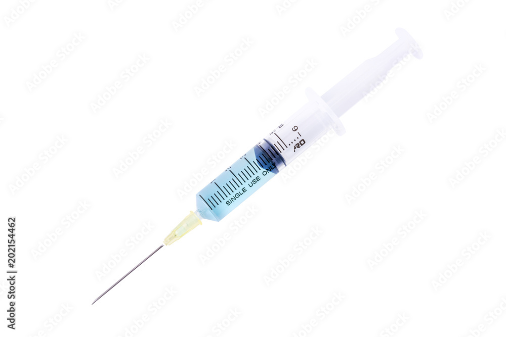 Syringe closeup with blue serum isolated on white background. Syringe closeup with blue serum isolated on white background.