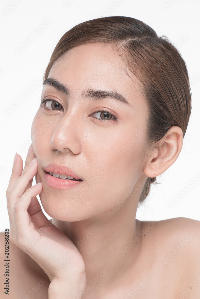 Young beautiful asia woman touching her face isolated on white background concept skincare cosmetic