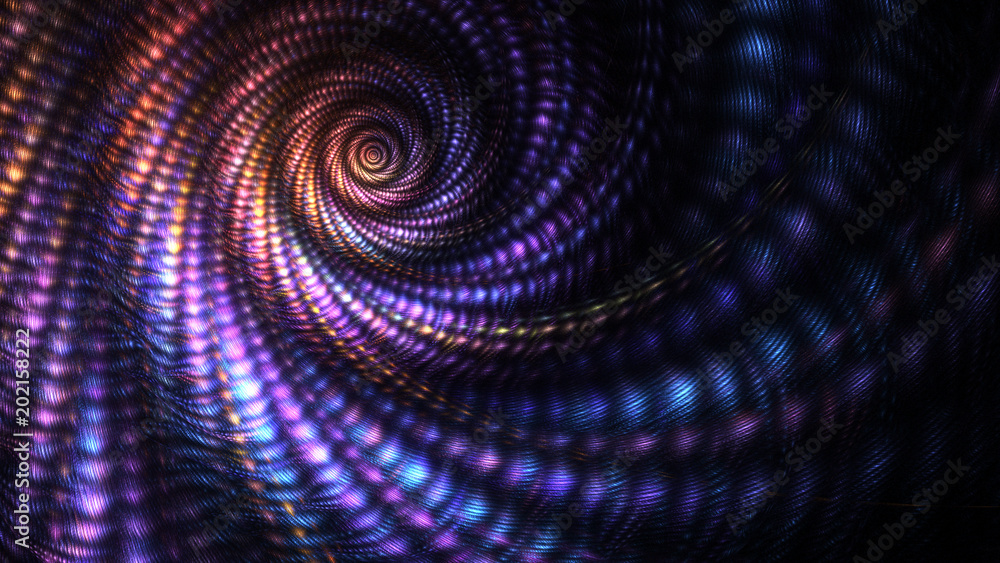 Abstract intricate spiral design with blue, purple and orange glittering threads. Fantastic fractal texture. Psychedelic digital art. 3D rendering. Abstract intricate spiral design with blue, purple and orange glittering threads. Fantastic fractal texture. Psychedelic digital art. 3D rendering.