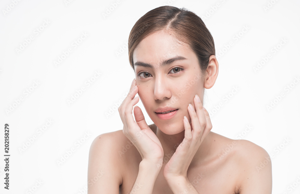 Young beautiful asia woman touching her face isolated on white background concept skincare cosmetic Young beautiful asia woman touching her face isolated on white background concept skincare cosmetic