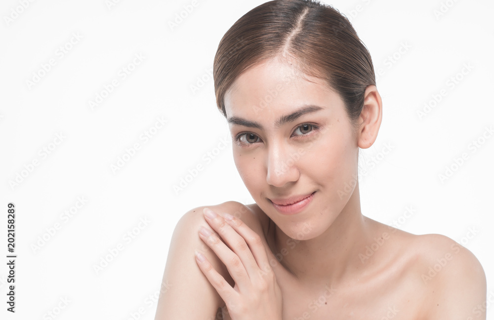 Young beautiful asia woman touching her body isolated on white background concept skincare cosmetic Young beautiful asia woman touching her body isolated on white background concept skincare cosmetic
